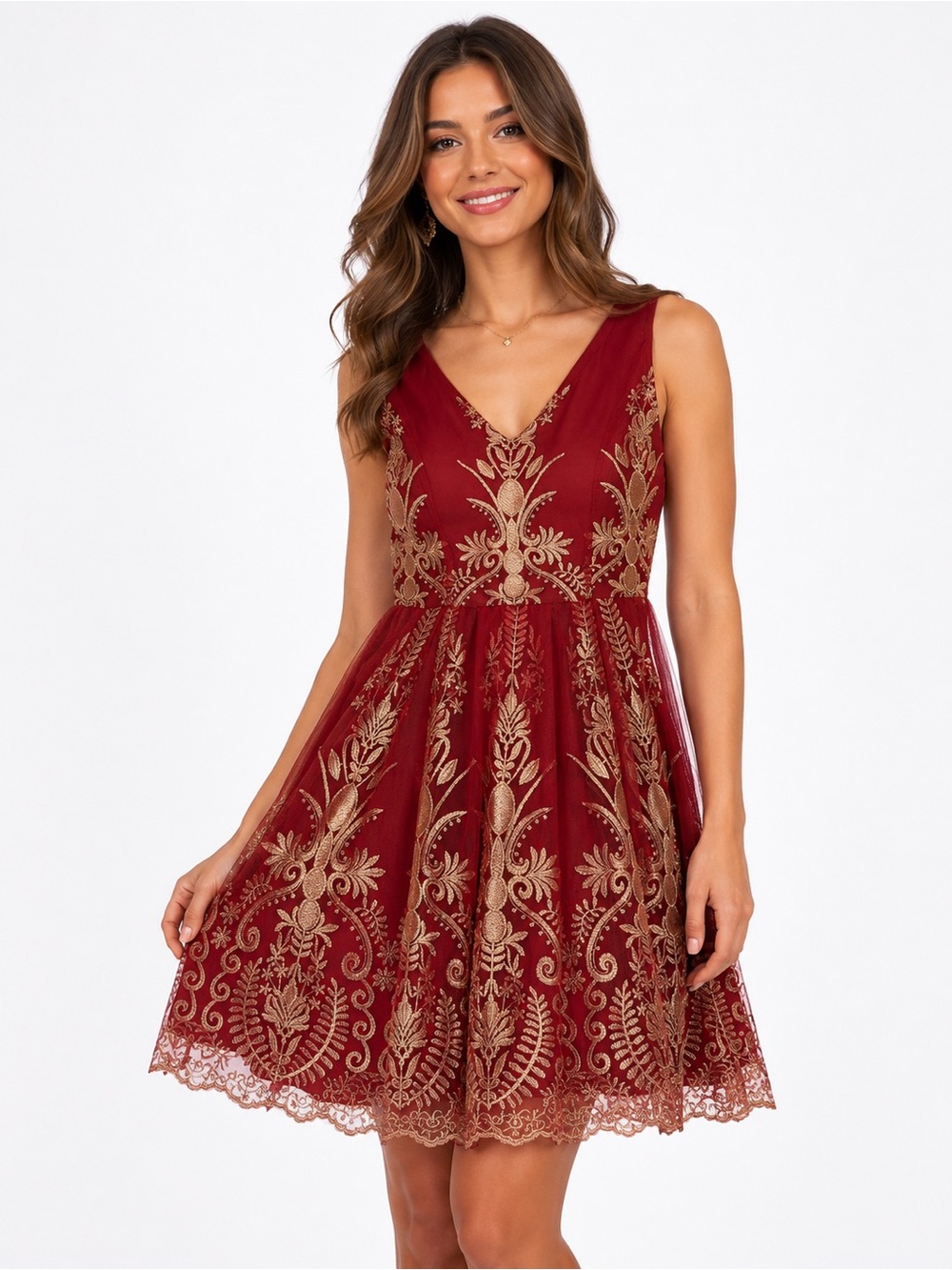 Altar’d State Red Gold Embroidered Fit & Flare Dress Small Lined Sleeveless Fall